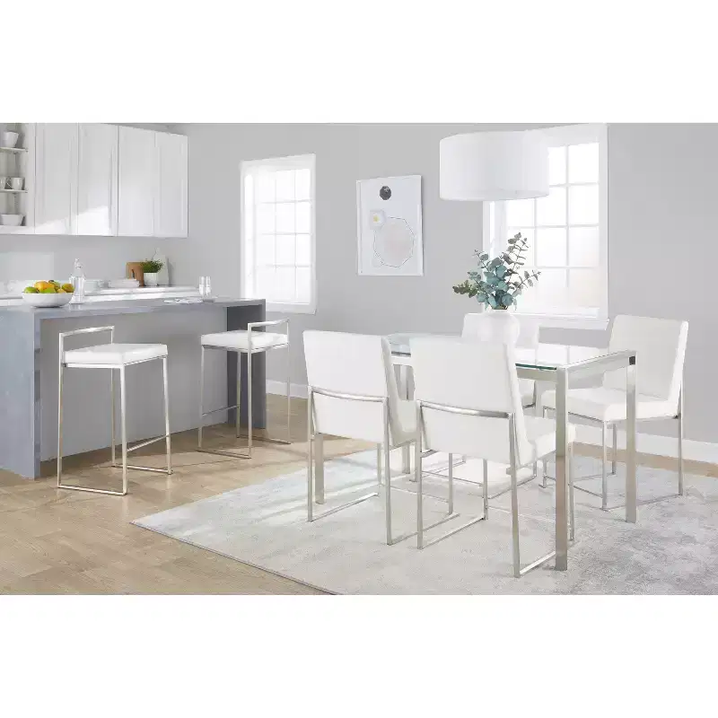 LumiSource Set of 3 Fuji Stacker Counter Height Barstools Stainless Steel/White PU