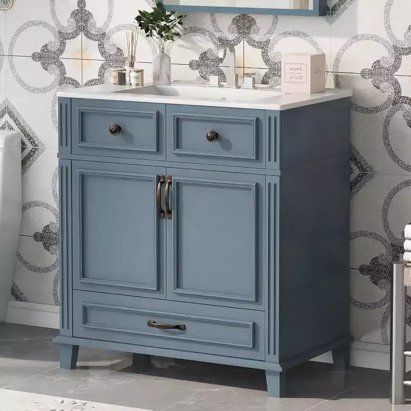 30 Inch White Bathroom Vanity with Sink 30 Sink Cabinet with Storage Cabinet & Bottom Drawer, Solid Wood Frame, Drop-in Countertop