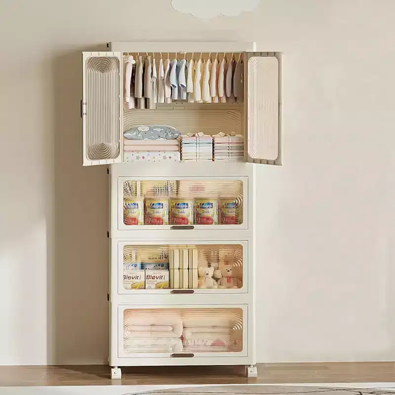 Storage cabinet with Lid, Large Plastic Organiser Boxes, Foldable Wardrobe with Wheels, Stackable Storage Boxes with Door