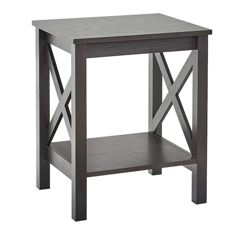 X-Frame Two-Tier End Table with Bottom Shelf, Rustic Farmhouse Wood Accent Side Table
