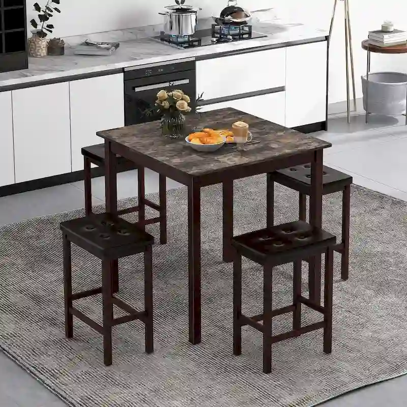 Costway 5 PCS Bar Table Set Square Dining Table & 4 PVC Leather