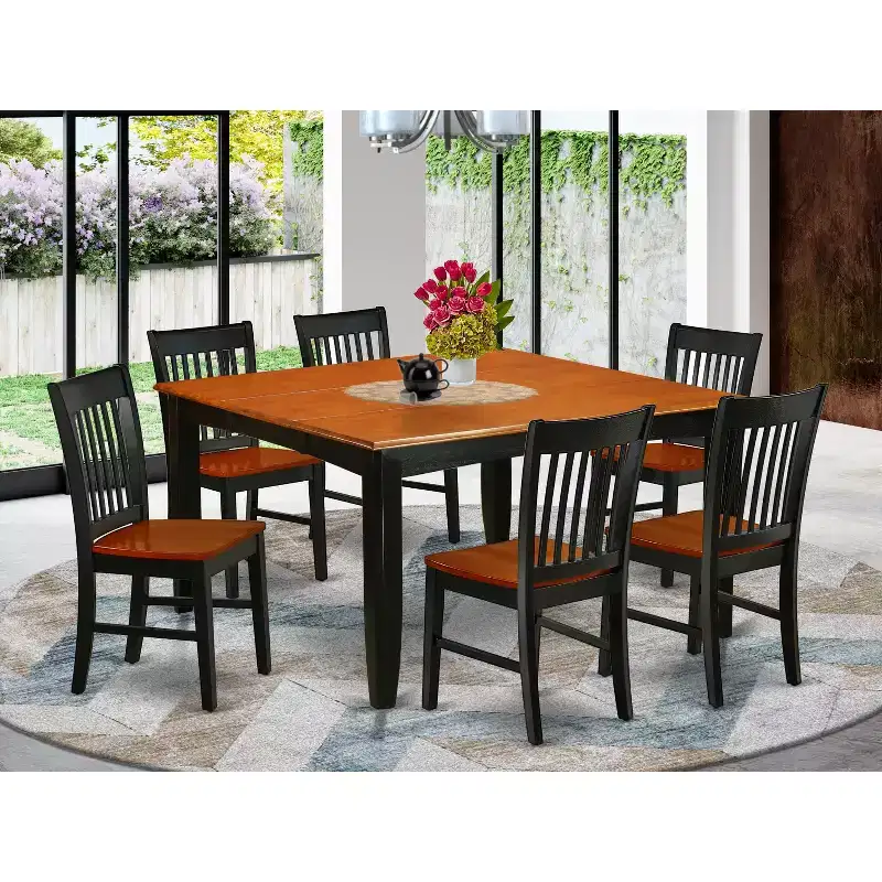 HomeStock Belmont 7Pc Square 36/54 Inch Family Table With 18 In Self Storing Butterfly Leaf And Six Wood Seat Dining Chairs
