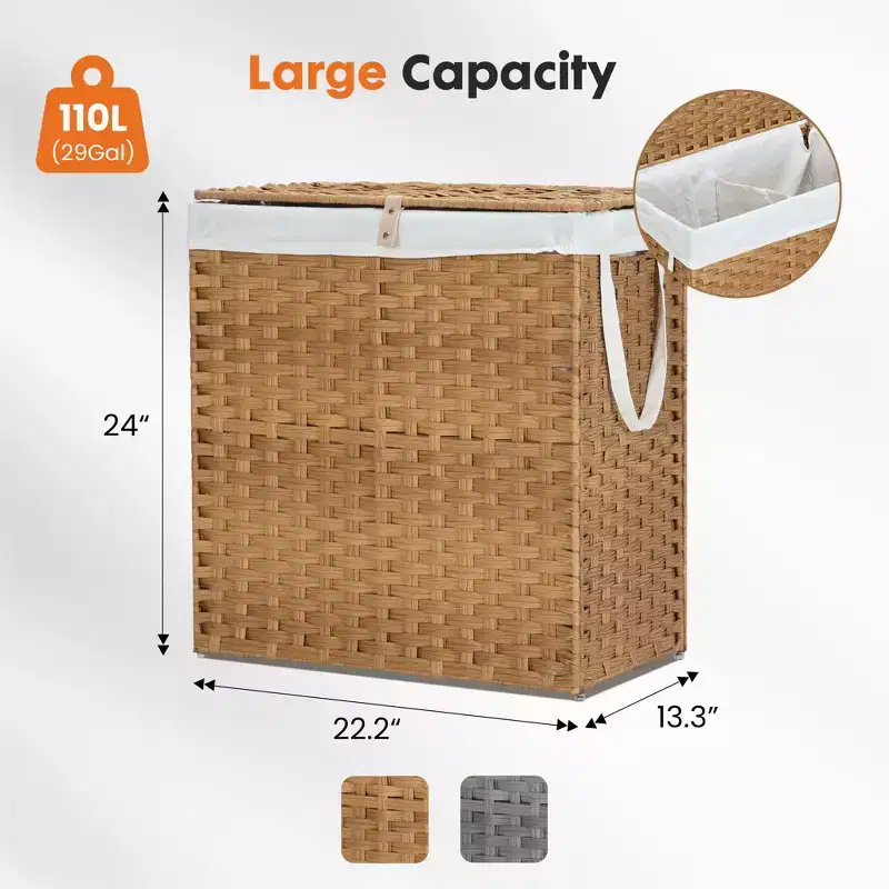 JIONJOY 29 gal. Wicker Hamper w/Lid, Foldable Design, Removable Compartment & Washable Liner