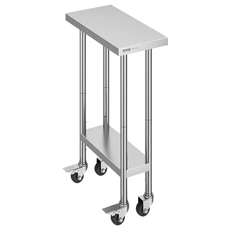 Silver Stainless Steel Work Table with Wheels, 2-Shelf, Single User