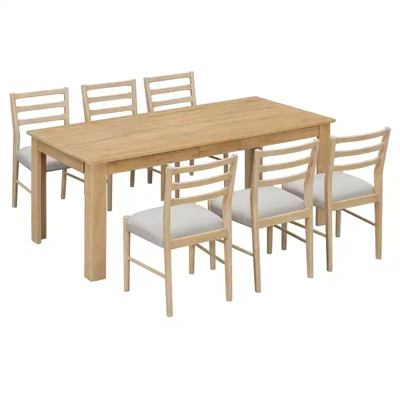 Whisen 7-Piece Wooden Dining Table Set Mutifunctional Extendable Table,12 Leaf and 2 Drawers, 6 Dining Chairs