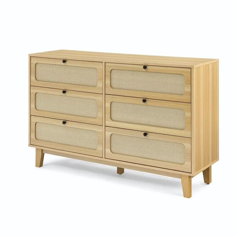 Grondin Mid-Century Modern Boho Style 6 Rattan Drawers Double Dresser with MDF Frame and Solid Wood Legs,