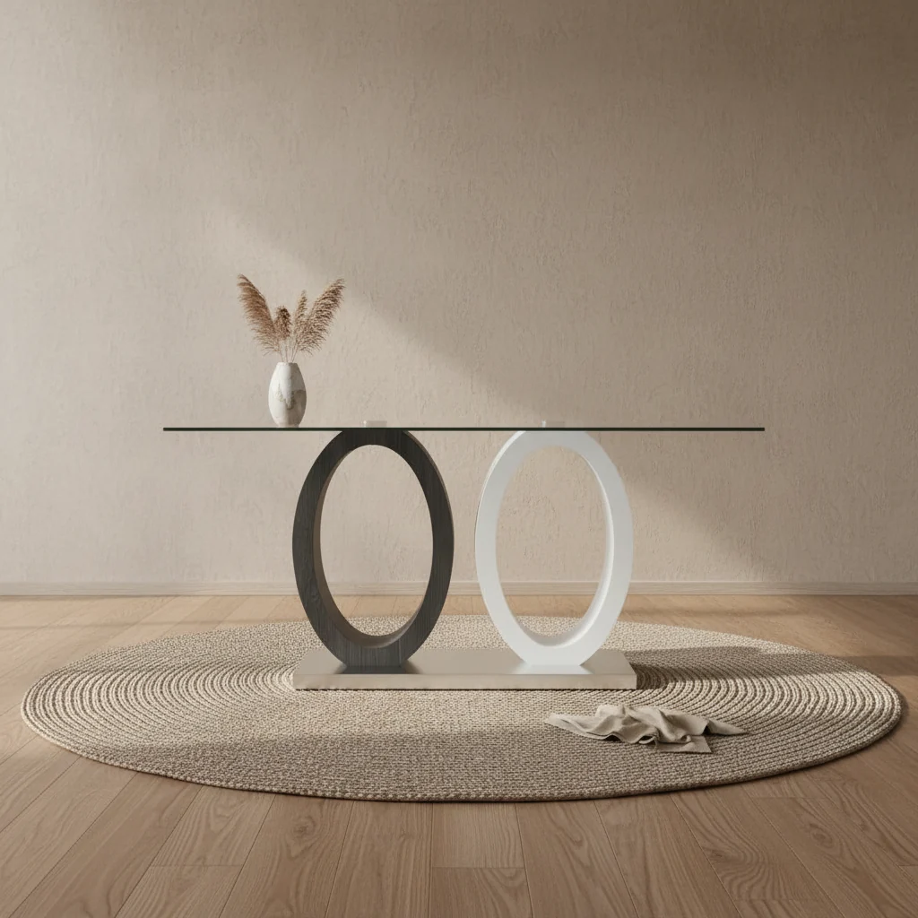 Dining Table with Glass Top, Pedestal Base, 63W - Grey & White