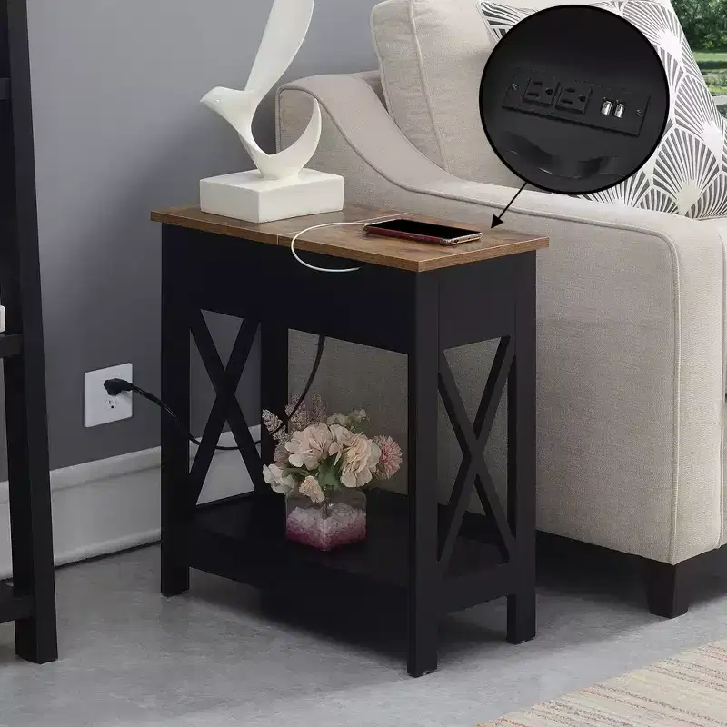 HomeStock Belmont Flip Top End Table with Charging Station and Shelf, Two Tone Finish, Modern Chairside Table with Hidden Storage and Display