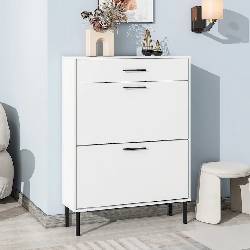 Shoe Cabinet, Freestanding Shoe Rack Storage Organizer with Drawers & Metal Legs, Shoe Storage Cabinet with 2 Flip Drawers