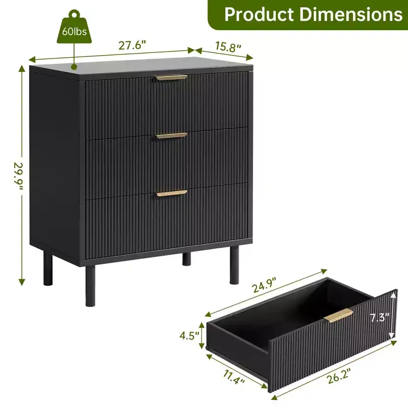 Fluted 3 Chest of Drawers, Wide Wood Drawers Dresser, Modern Storage Dresser Chest of Drawers Organizer for Bedroom Living Room