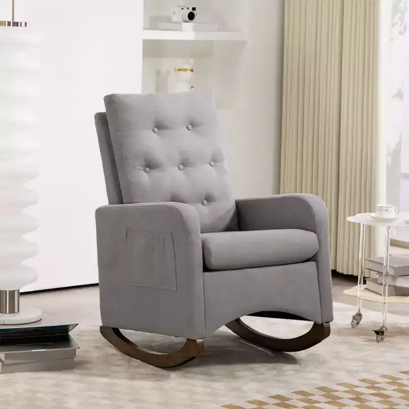 Upholstered Rocking Chair, Modern Wingback Accent Rocking Chair, Comfy Accent Armchair Chair, Rubber Wood Legs, High Backrest and Side Pocket