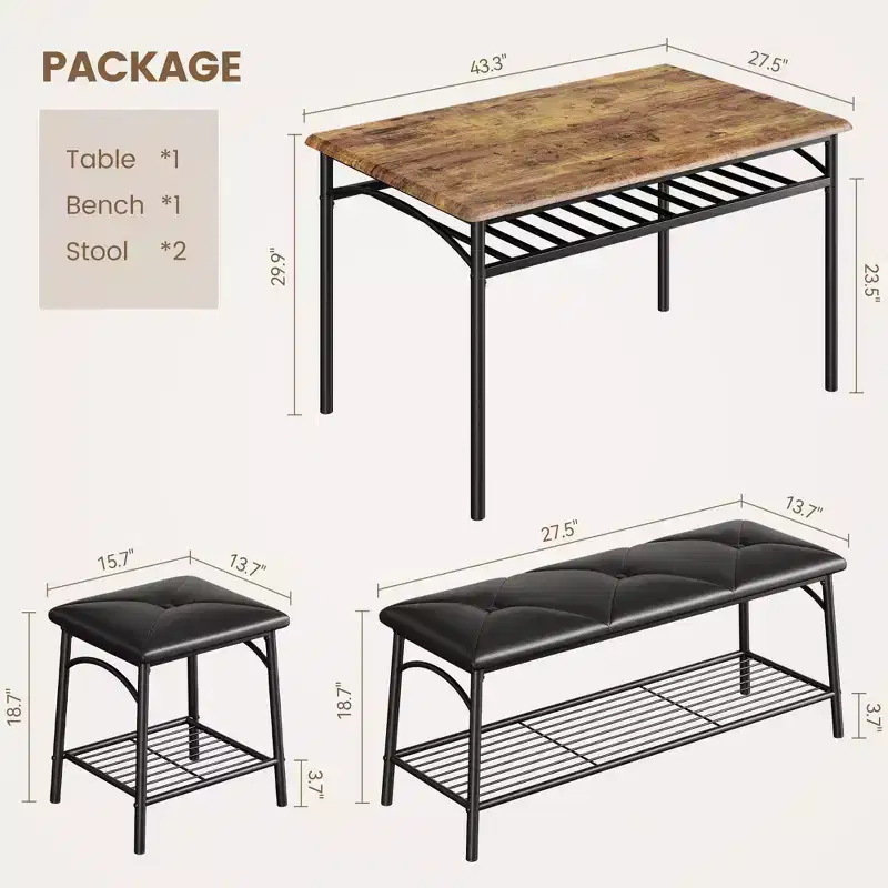 4 Piece Rectangular Kitchen Table Set, with 1 Upholstered Bench and 2 Square Stools