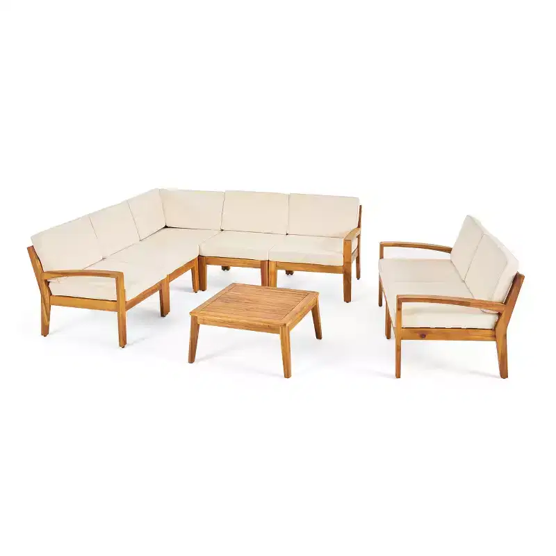 GDFStudio Bernice 7 Piece Outdoor Acacia Wood Sectional Sofa Set with Loveseat and Coffee Table