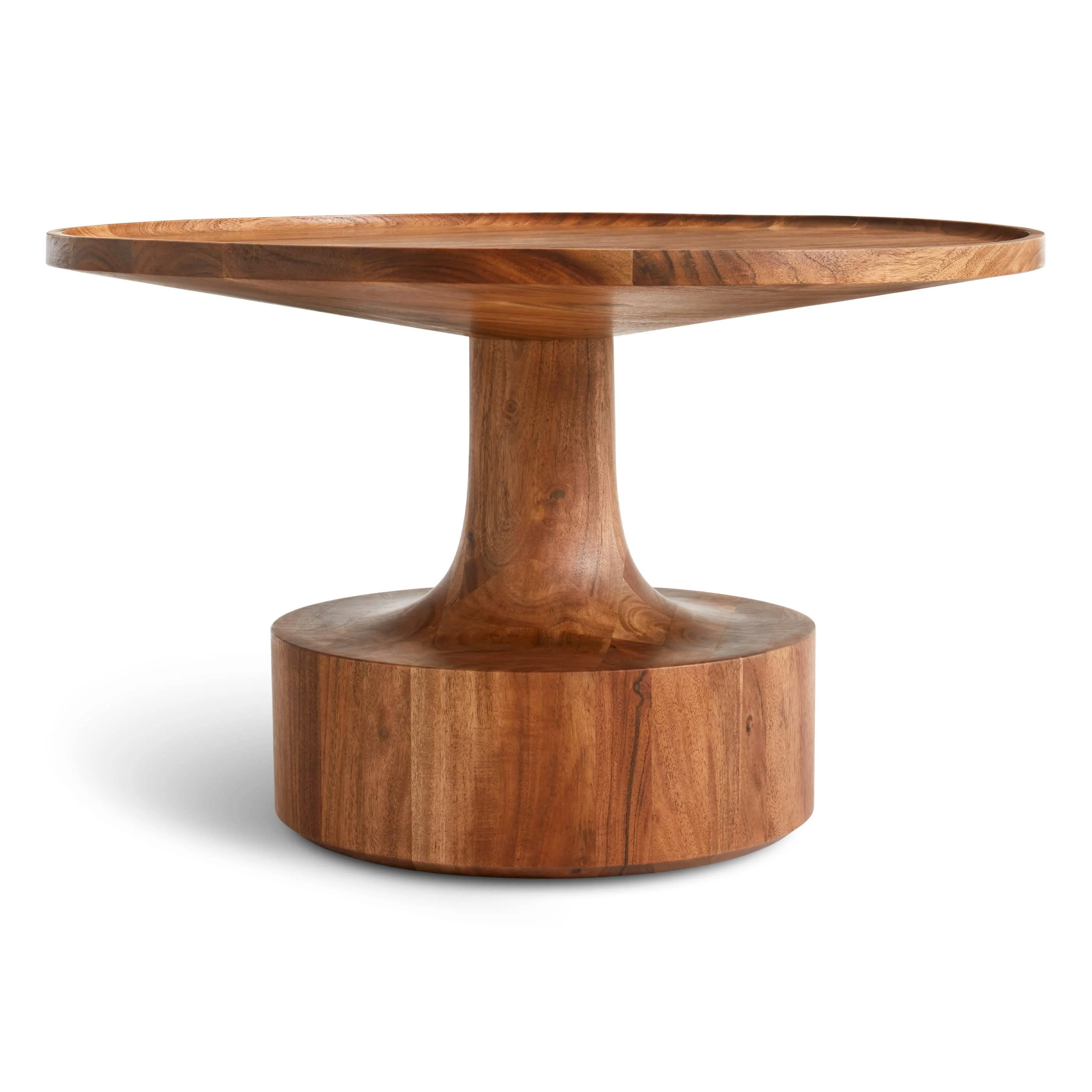 Natural Acacia Wood Coffee Table with Round Pedestal Base for Living Room