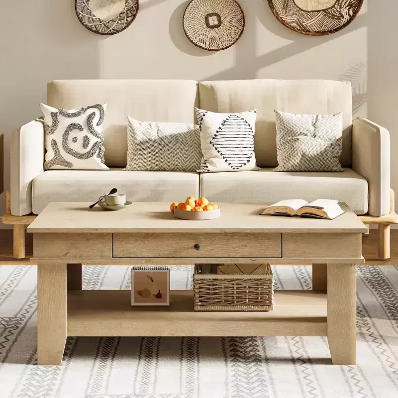 Rustic Rectangular Coffee Table with Sliding Drawer & Open Shelf, Farmhouse Style