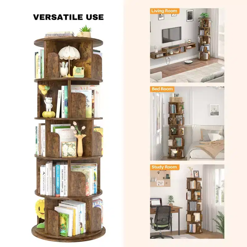 Besiost Rotating Bookcase, 360 Display Corner Bookshelf for Small Space-Brown
