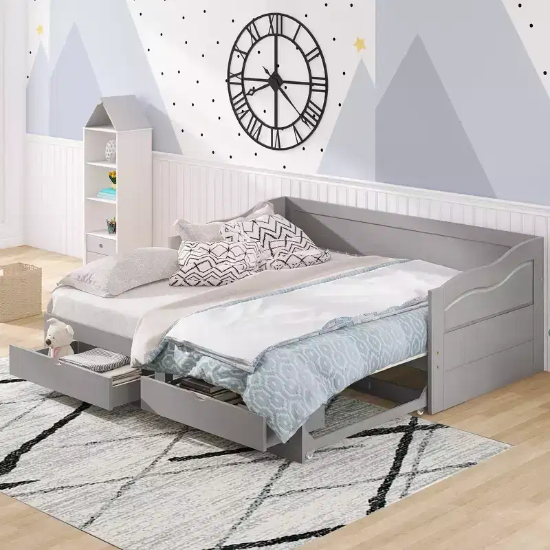 Twin Size Wooden Daybed with 2 Drawers, Extendable Bed, Easy Assembly, Gray