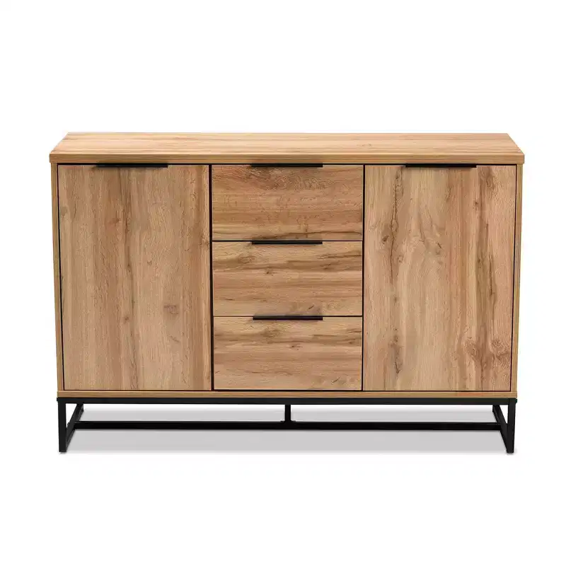 Reid Wood & Metal 3 Drawer Sideboard Buffet Oak/Black - Baxton Studio