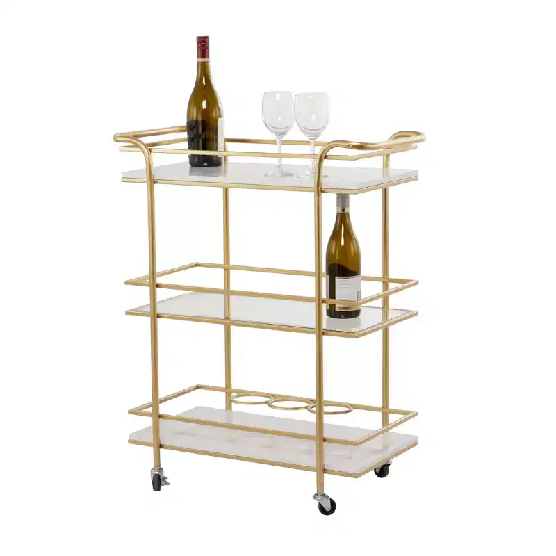 Glam Marble and Gold 3-Tier Rolling Bar Cart with Glass Shelves and Caster Wheels