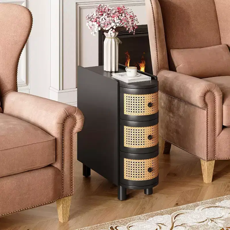 Rattan Narrow End Table with 3 Drawers, No Assembly, Solid Wood, Black, 27H x 11W