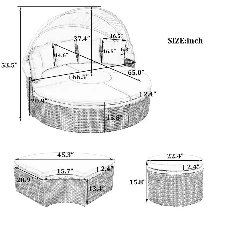 Round Patio Sectional Sofa Set  Two-Tone Rattan Daybed with Retractable Canopy & Modular Seating