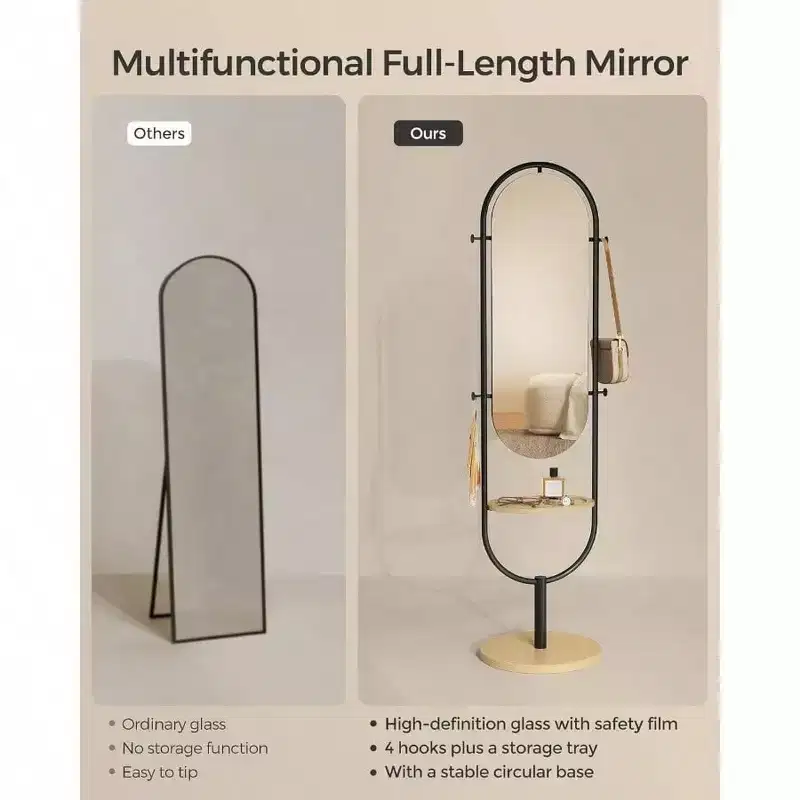 Full-Length Standing Mirror, 3-in-1 Design, Oak Beige and Ink Black, for Living Room and Bedroom