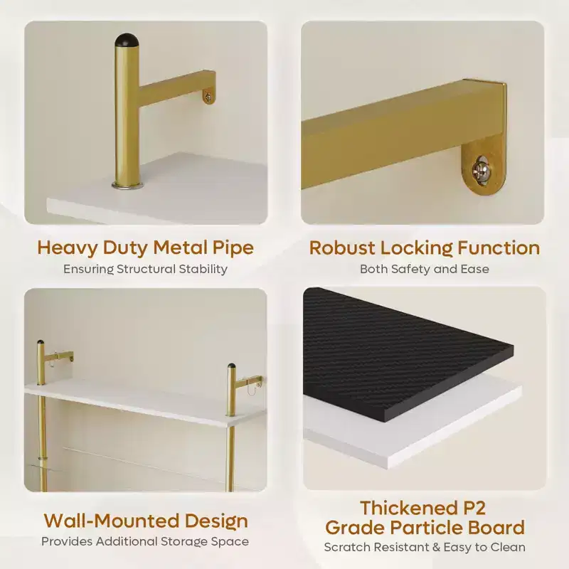 Bestier 41 Floating Shelves with LED Light, 3-Tier Wall-Mounted Wood Shelves with 8 S-Hooks, White Finish & Gold Frame