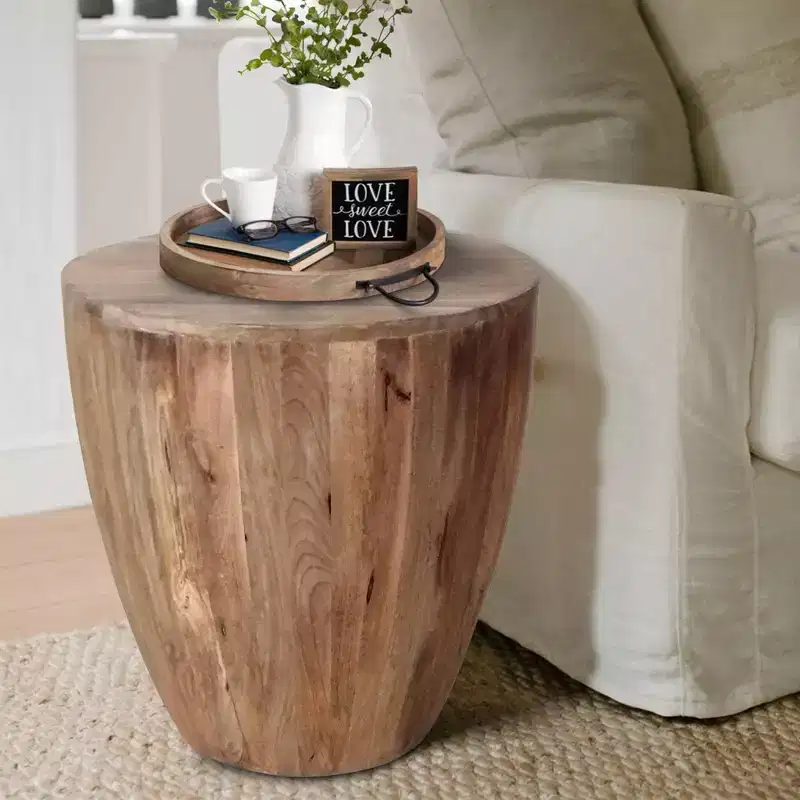 Hand Carved Cylindrical Shape Round Mango Wood Distressed Wooden Side End Table Brown: No Assembly, Polished Finish