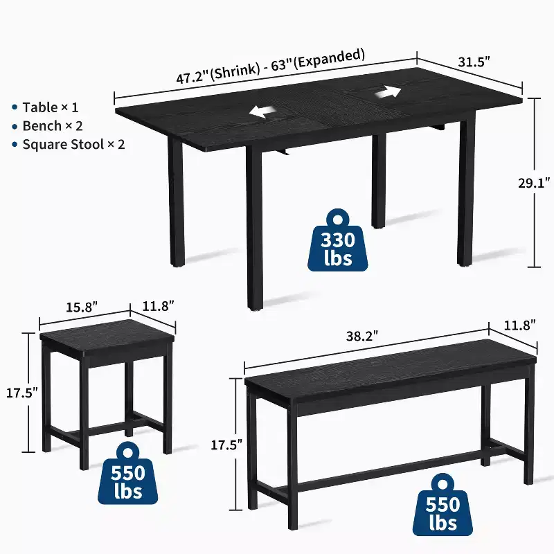 5-Piece Extendable Dining Table Set for 4-8 People, 2 Benches & 2 Stools, Modern Dining Room Furniture Sets, Easy Assembly