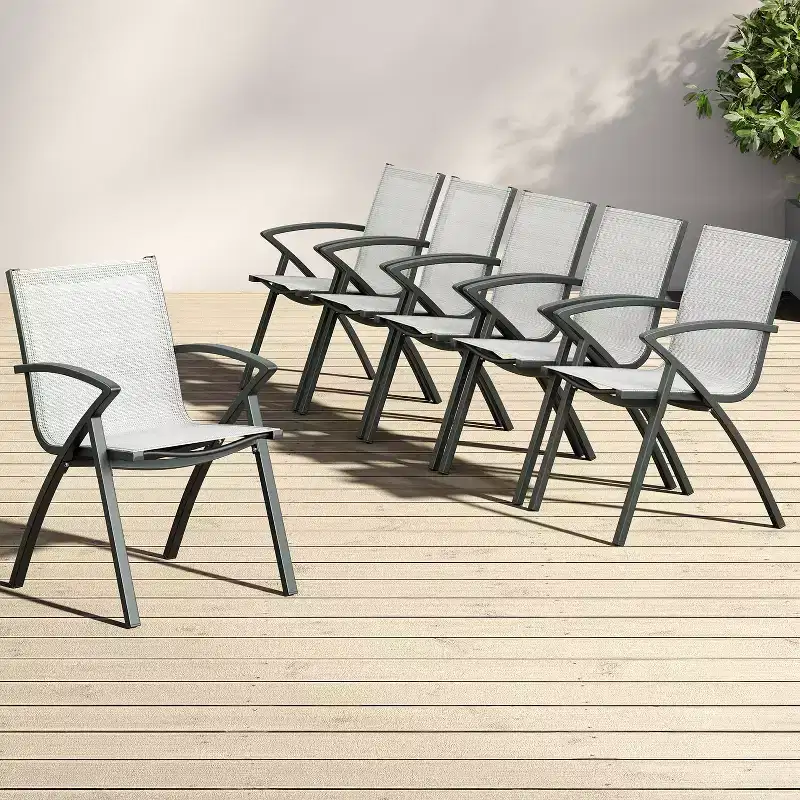 6PCS Modern Aluminum Outdoor Dining Chairs - Quick-Dry Textilene Fabric, Ergonomic Design for Patio, Poolside, Restaurants - Gray