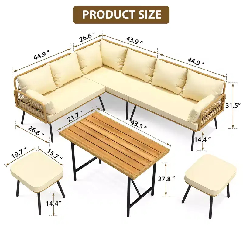 6-Piece Patio Sectional Sofa Chair Set,Boho Wicker Conversation Set with Cushions and Plastic Wood Dining Table, for Backyard,Garden,Porch,Balcony