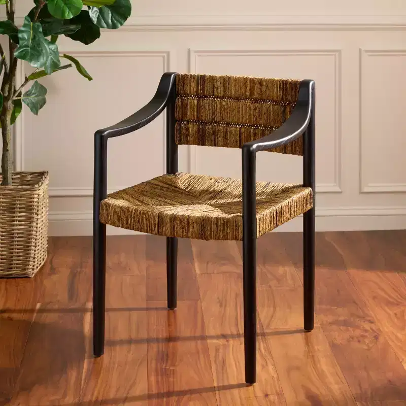 Modern Banana Rattan Arm Dining Chair with Black Metal Legs