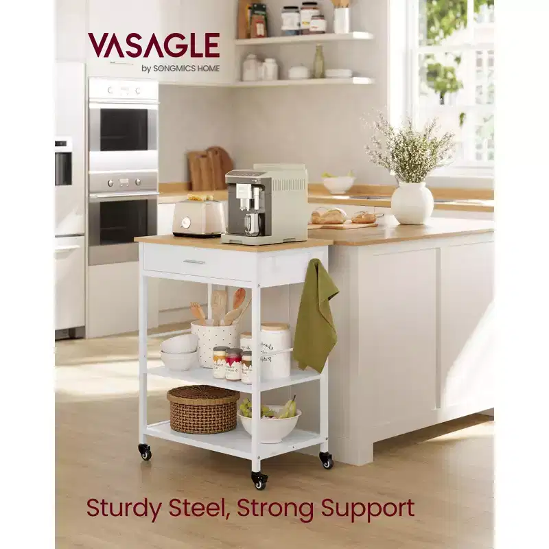 Kitchen Rolling Island Cart, 35.4 Mobile Kitchen Cart with Drawer, Adjustable Shelf, 4 Locking Wheels, 257 lb Capacity, Oak Beige & White