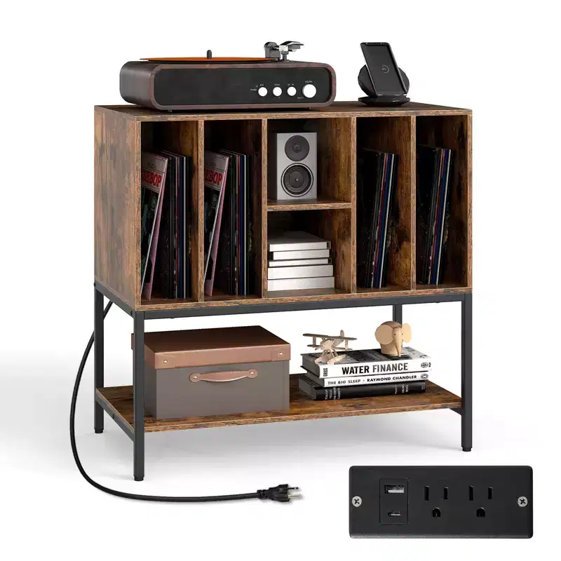 Record Player Stand with Charging Station, Vinyl Storage Holder, Shelves, Metal Frame