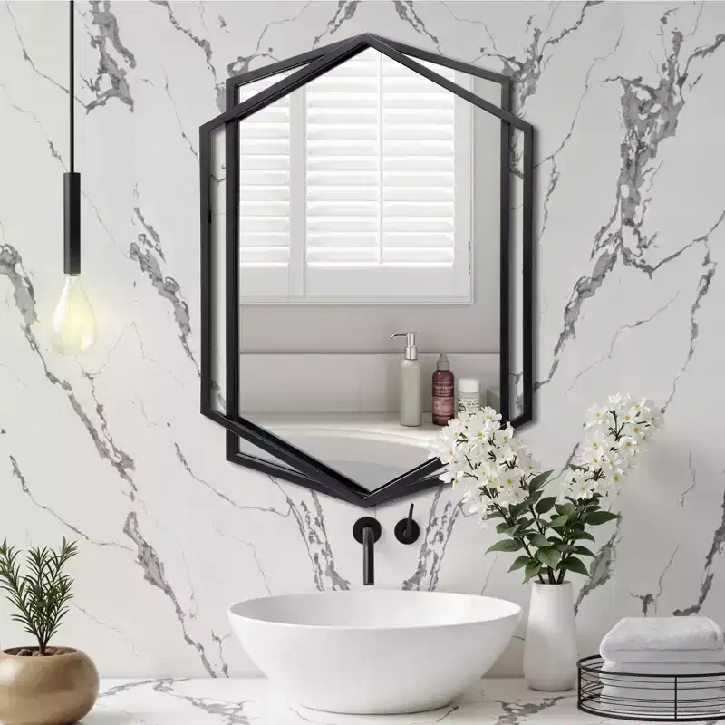31.8X22 Inch Asymmetrical Wall Mirror, Black Metal Frame Hexagon Bathroom Mirrors, Hanging Decor Vanity Mirror for Bedroom Entryway Hall