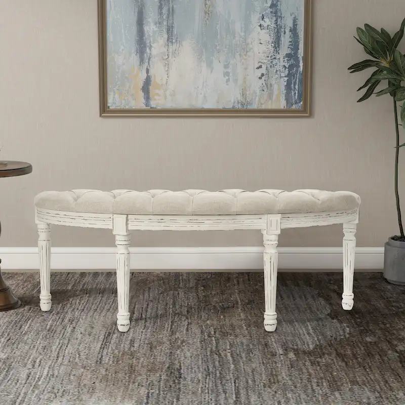 Ivory Tufted Linen Bench, 2-Person, Mid-Century Style