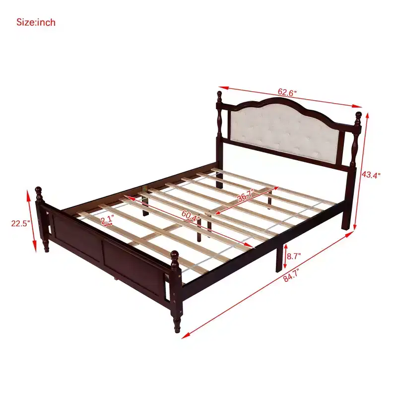 Sailvan Queen Pine Wood Platform Bed with Upholstered Headboard and Panel Footboard