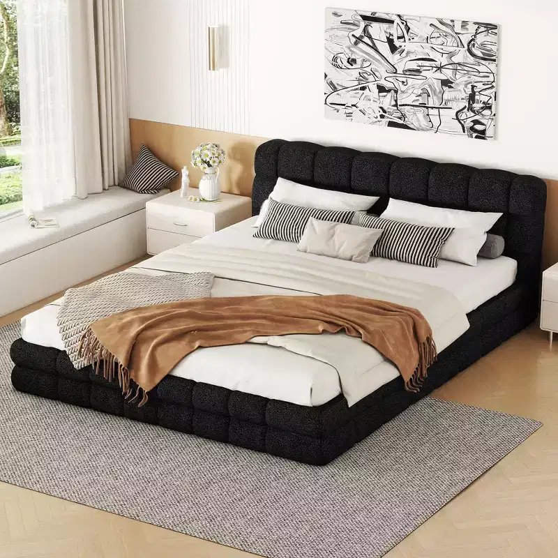 Queen Size Upholstered Wooden Platform Bed Frame with Velvet Headboard