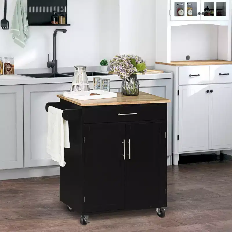FAMYYT Black Rubber Wood Veneer 56 in. Kitchen Island with Adjustable Shelf, 1-Door Shelves, 4-Wheels with Deep Drawers