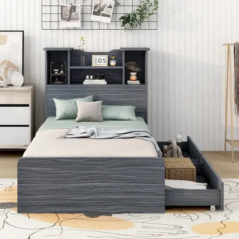 Twin Storage Platform Bed with 4-Shelf Headboard & 2 Drawers – Grey / White, Pine & MDF, Single