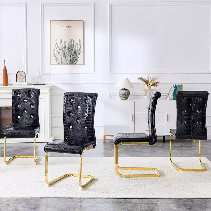 Set of 4 Upholstered Dining Chairs with Faux Leather and Crystal Buckle Details, with Durable Metal Legs