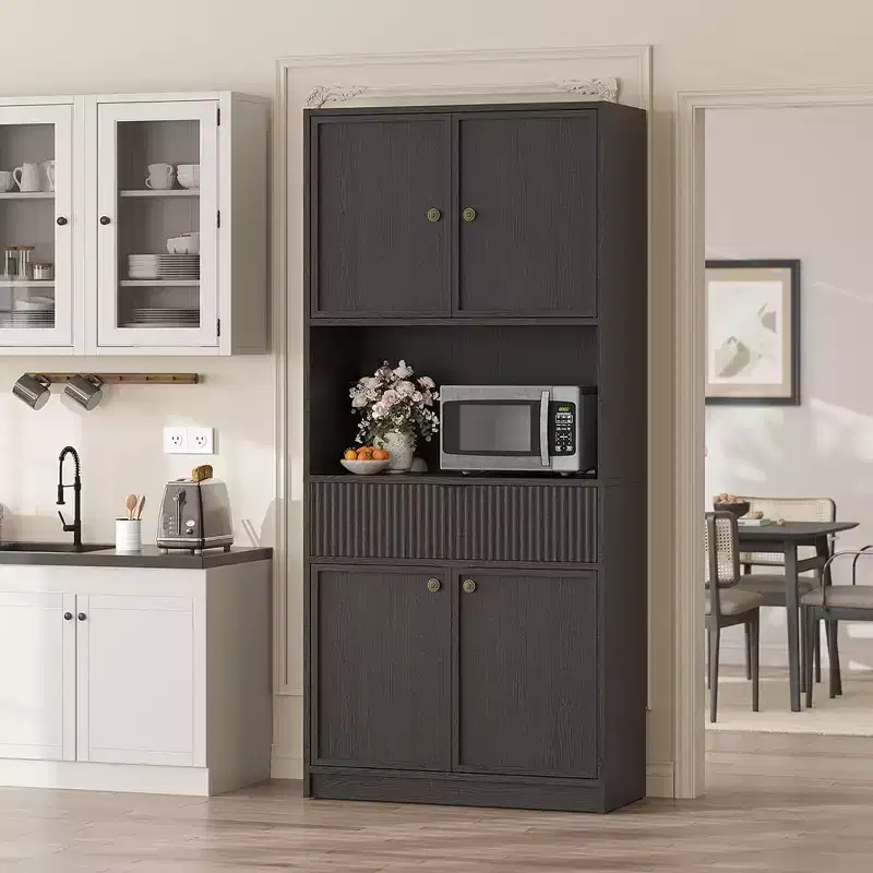 70 Tall Pantry Storage Cabinet with Countertop, Fluted Tall Cabinets with Doors and Drawer, for Bathroom, Dining Room, Living Room