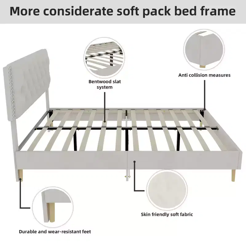 GDFStudio Ruskin Modern Wood and Velvet Upholstered Bed with Tufted Headboard