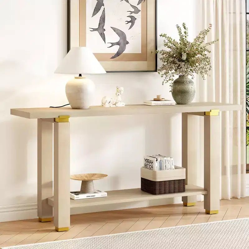 63IN Modern Narrow Console Table, Entryway Table with Metal Accents and Open Shelf, Accent Table for Living Room, Hallway, Natural