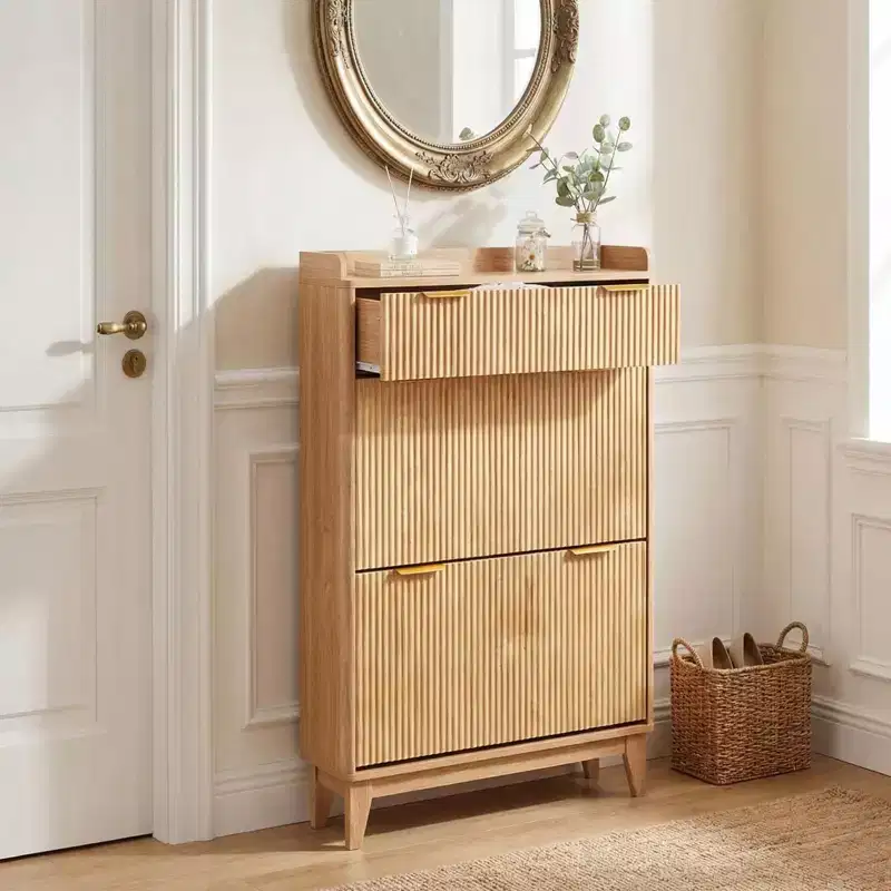 Narrow Fluted Shoe Cabinet with Hidden Storage, 2 Flip Drawers, Top Drawer and Adjustable Shelf - Natural