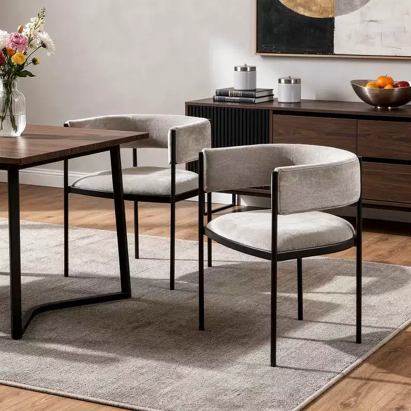 HomeRoots Set of Two Light Gray and Black Fabric and Steel Open Back Dining Arm Chairs
