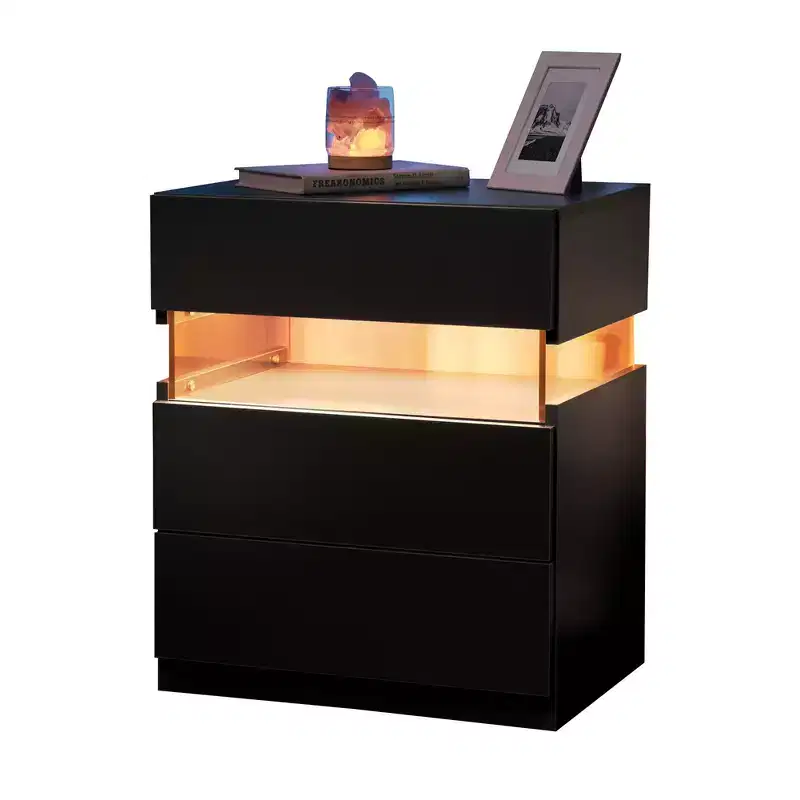 Nightstand with 3 Drawers, Modern Bed Side Table with Acrylic Board, RGB LED Lights, Bedroom End Table, Small Night Stands