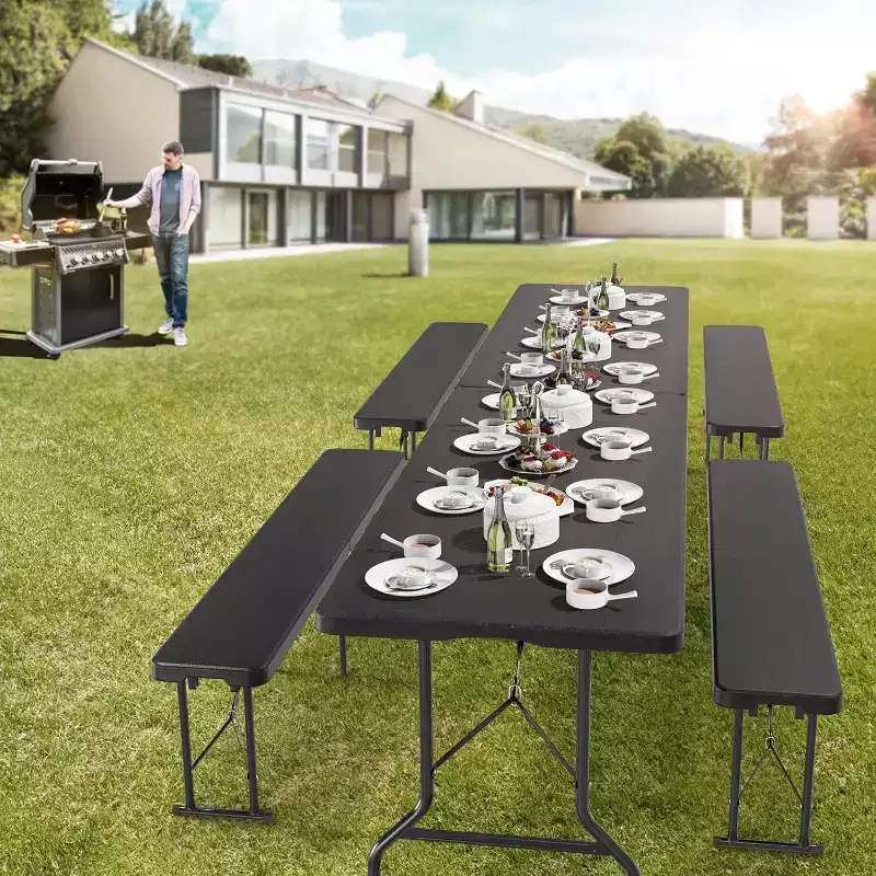 VINGLI 6 feet Plastic Folding Bench,Portable inPicnic Party Camping Dining Seat, Garden , Tree Patterned HDPE Tabletop, 2 Pack, Black