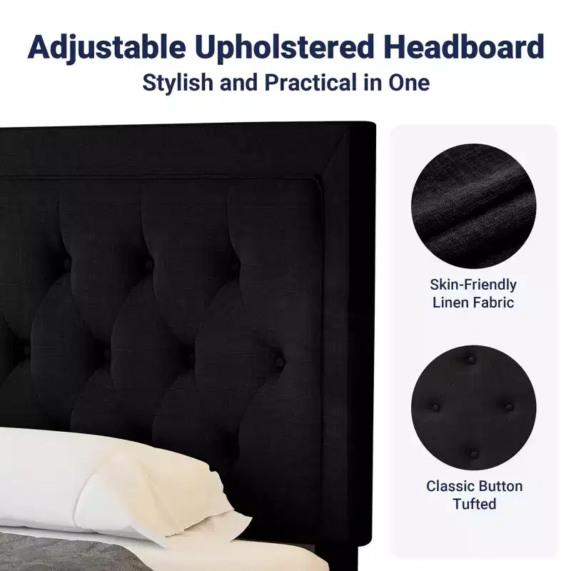 King Size Upholstered Platform Bed with Adjustable Headboard, Button Tufted, Slatted Base, Easy Assembly