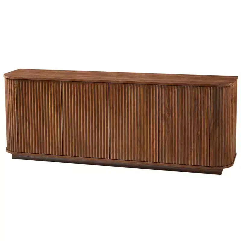 Modern Fluted 4 Door Sideboard Buffet Cabinet with Adjustable Shelves, Walnut